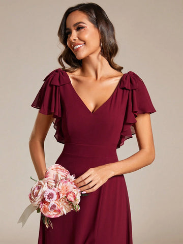 EVER-PRETTY Chiffon Split Thigh Ruffle Trim Bow Shoulder Bridesmaid Dress