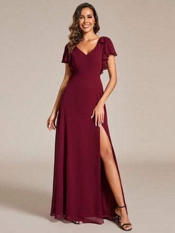 EVER-PRETTY Chiffon Split Thigh Ruffle Trim Bow Shoulder Bridesmaid Dress