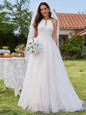 EVER-PRETTY Cold Shoulder Mesh Appliques Wedding Dress