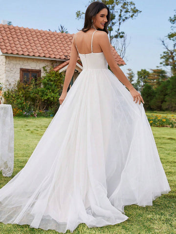 EVER-PRETTY Cold Shoulder Mesh Appliques Wedding Dress