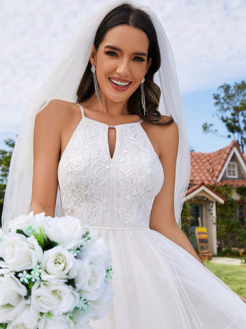 EVER-PRETTY Cold Shoulder Mesh Appliques Wedding Dress