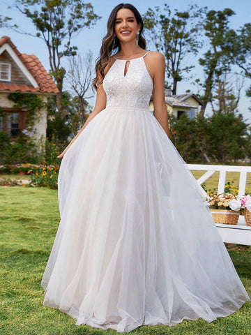 EVER-PRETTY Cold Shoulder Mesh Appliques Wedding Dress