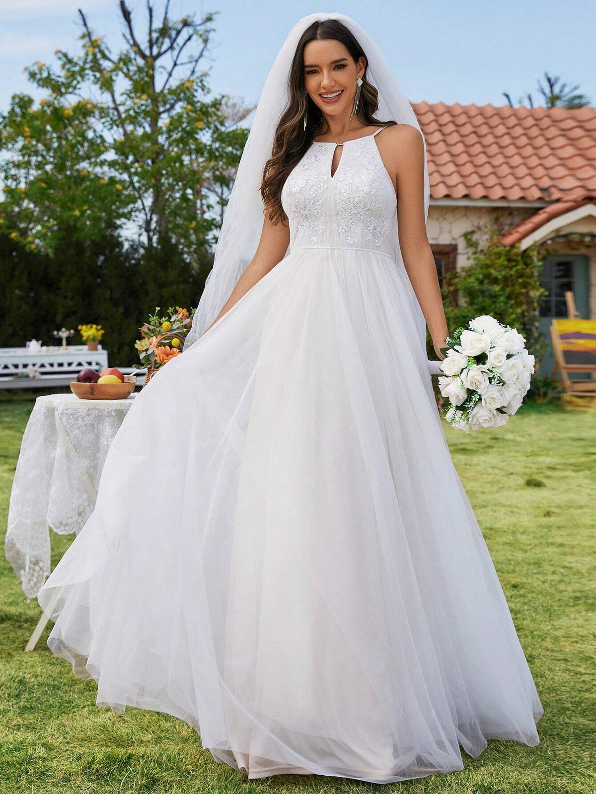EVER-PRETTY Cold Shoulder Mesh Appliques Wedding Dress