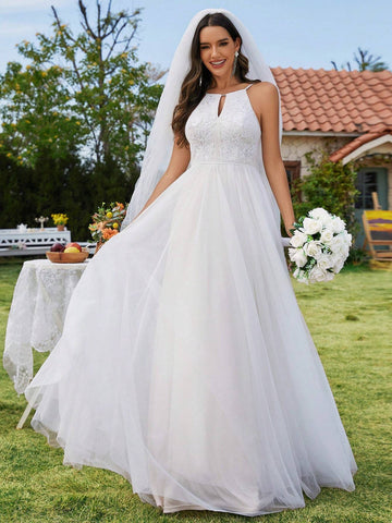 EVER-PRETTY Cold Shoulder Mesh Appliques Wedding Dress