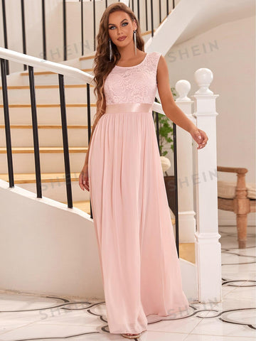 EVER-PRETTY Contrast Lace High Waist Flare Hem Bridesmaid Dress