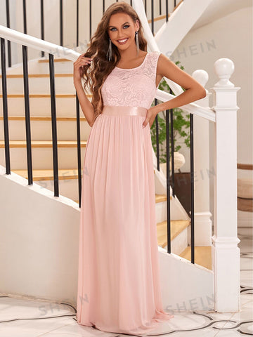 EVER-PRETTY Contrast Lace High Waist Flare Hem Bridesmaid Dress