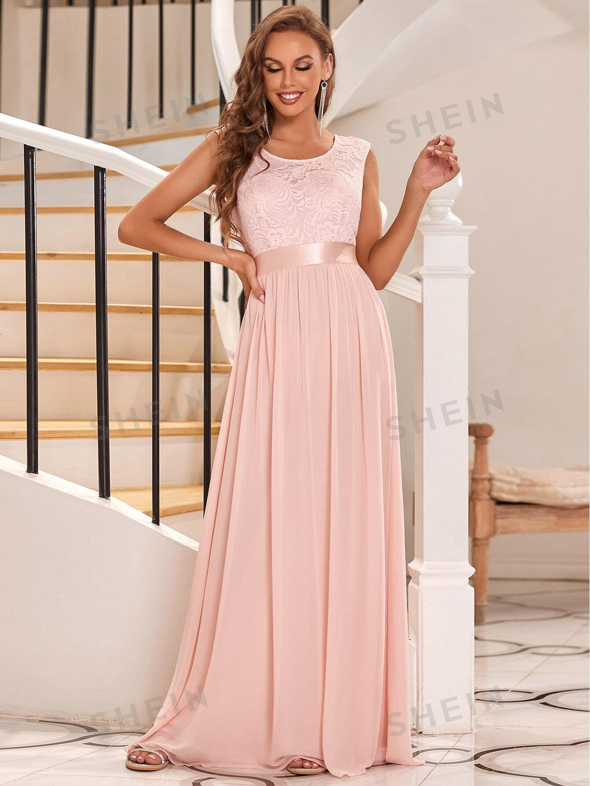 EVER-PRETTY Contrast Lace High Waist Flare Hem Bridesmaid Dress