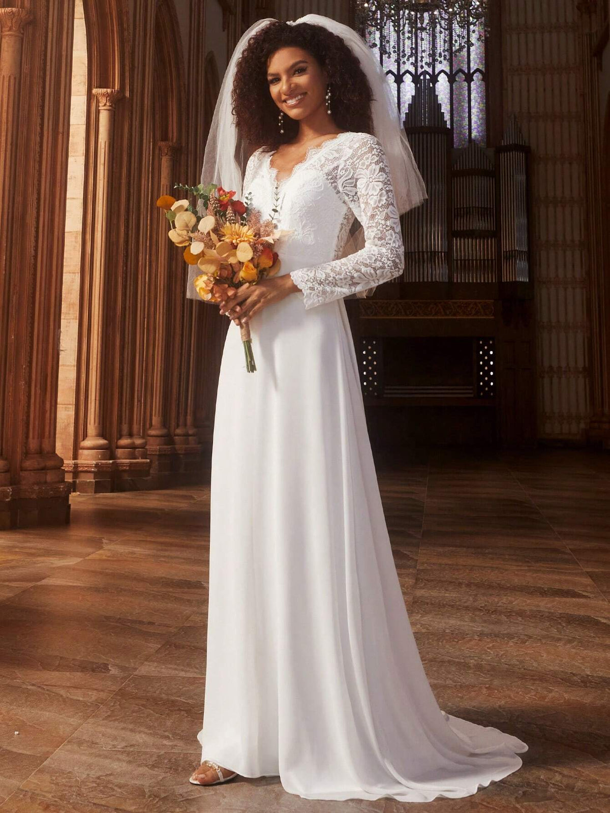 EVER-PRETTY Contrast Lace V-neck Floor Length Wedding Dress Without Veil