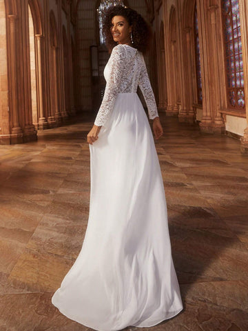 EVER-PRETTY Contrast Lace V-neck Floor Length Wedding Dress Without Veil