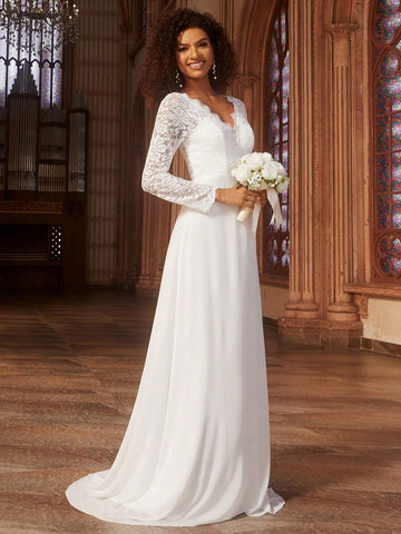 EVER-PRETTY Contrast Lace V-neck Floor Length Wedding Dress Without Veil