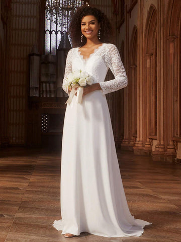 EVER-PRETTY Contrast Lace V-neck Floor Length Wedding Dress Without Veil