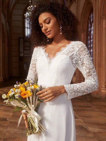 EVER-PRETTY Contrast Lace V-neck Floor Length Wedding Dress Without Veil