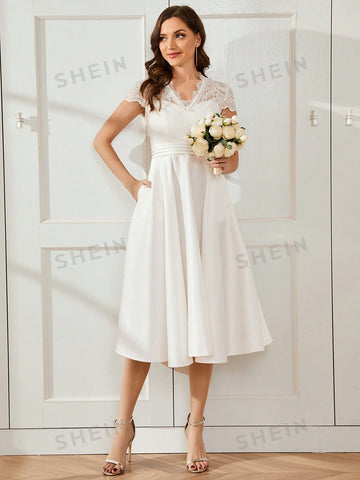 EVER-PRETTY Contrast Scallop Lace Trim Fold Pleated Waist Wedding Dress