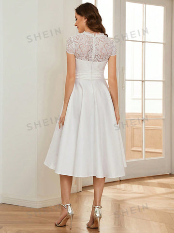 EVER-PRETTY Contrast Scallop Lace Trim Fold Pleated Waist Wedding Dress