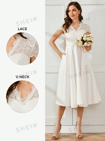 EVER-PRETTY Contrast Scallop Lace Trim Fold Pleated Waist Wedding Dress