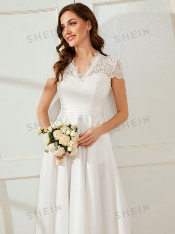 EVER-PRETTY Contrast Scallop Lace Trim Fold Pleated Waist Wedding Dress