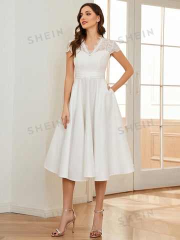 EVER-PRETTY Contrast Scallop Lace Trim Fold Pleated Waist Wedding Dress