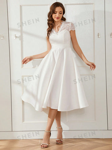 EVER-PRETTY Contrast Scallop Lace Trim Fold Pleated Waist Wedding Dress