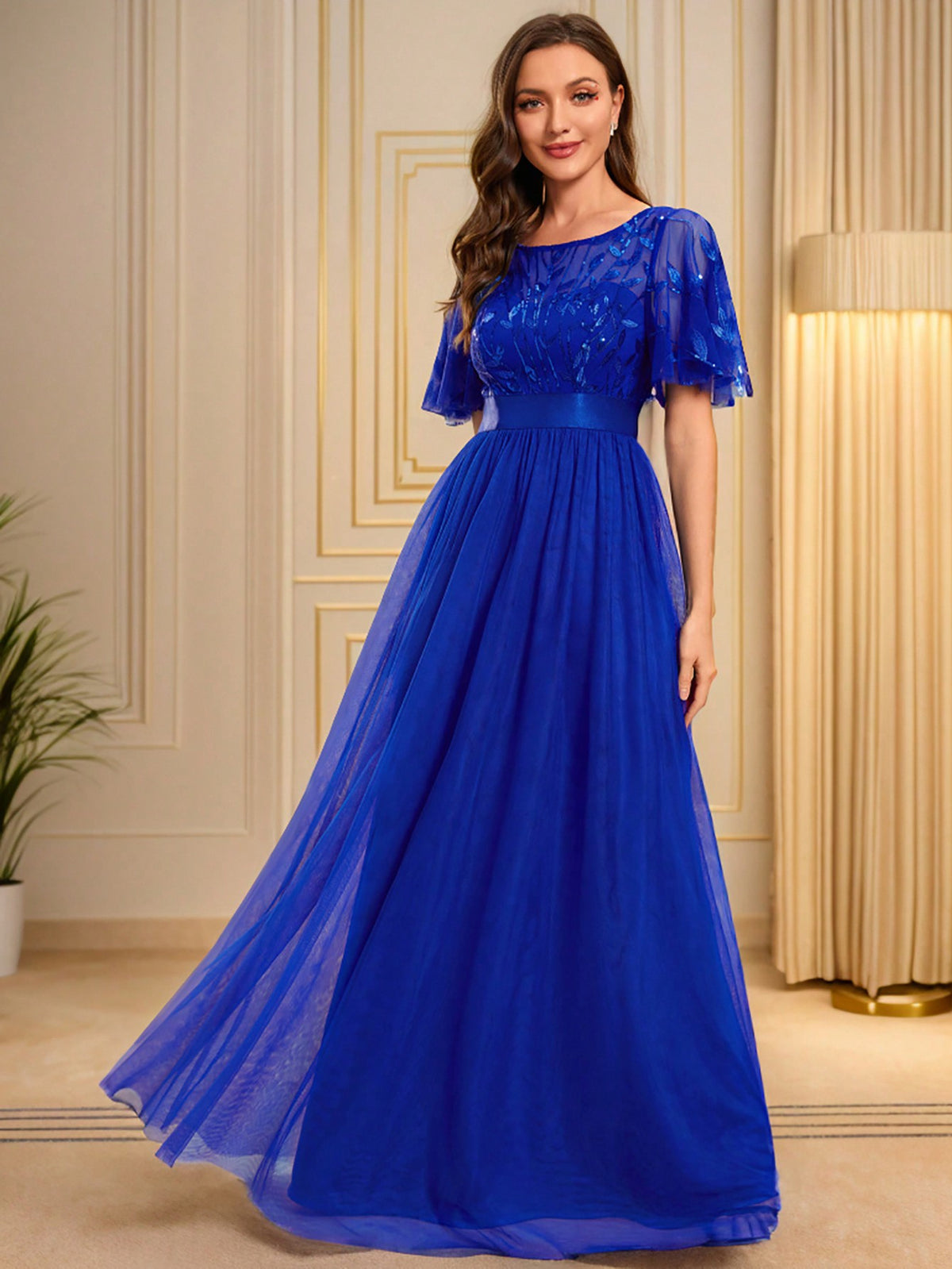 EVER-PRETTY Contrast Sequin Butterfly Sleeve Mesh Prom Dress
