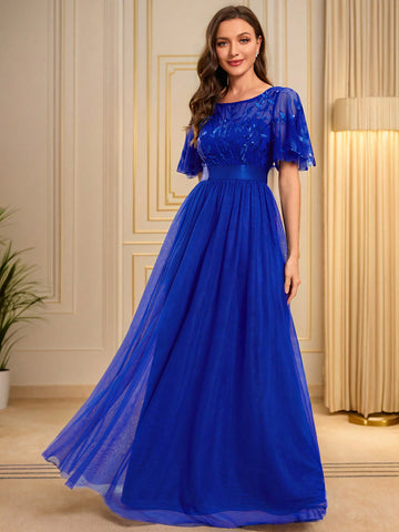 EVER-PRETTY Contrast Sequin Butterfly Sleeve Mesh Prom Dress