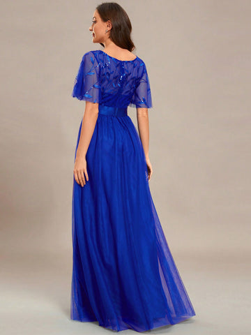 EVER-PRETTY Contrast Sequin Butterfly Sleeve Mesh Prom Dress