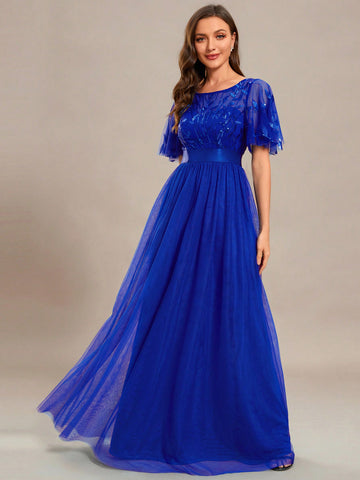 EVER-PRETTY Contrast Sequin Butterfly Sleeve Mesh Prom Dress