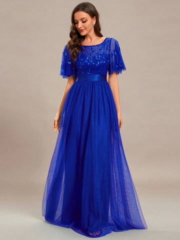 EVER-PRETTY Contrast Sequin Butterfly Sleeve Mesh Prom Dress