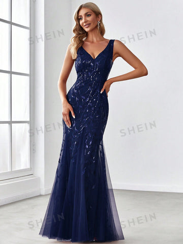 EVER-PRETTY Contrast Sequin Mesh Mermaid Hem Bridesmaid Dress