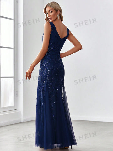 EVER-PRETTY Contrast Sequin Mesh Mermaid Hem Bridesmaid Dress