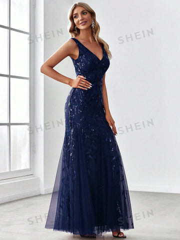 EVER-PRETTY Contrast Sequin Mesh Mermaid Hem Bridesmaid Dress