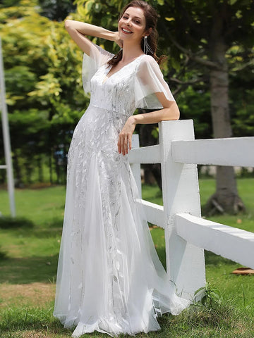 EVER-PRETTY Contrast Sequin Plants Detail Mesh Prom Dress