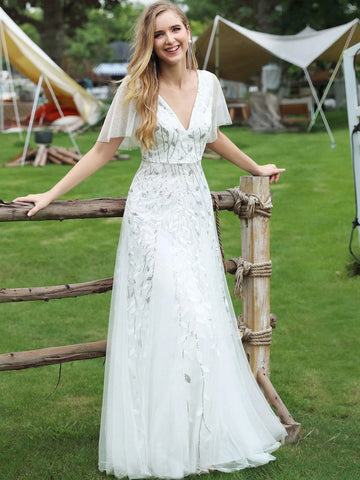 EVER-PRETTY Contrast Sequin Plants Detail Mesh Prom Dress