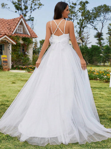 EVER-PRETTY Crisscross Backless Bow Backless Lace Mesh Wedding Dress