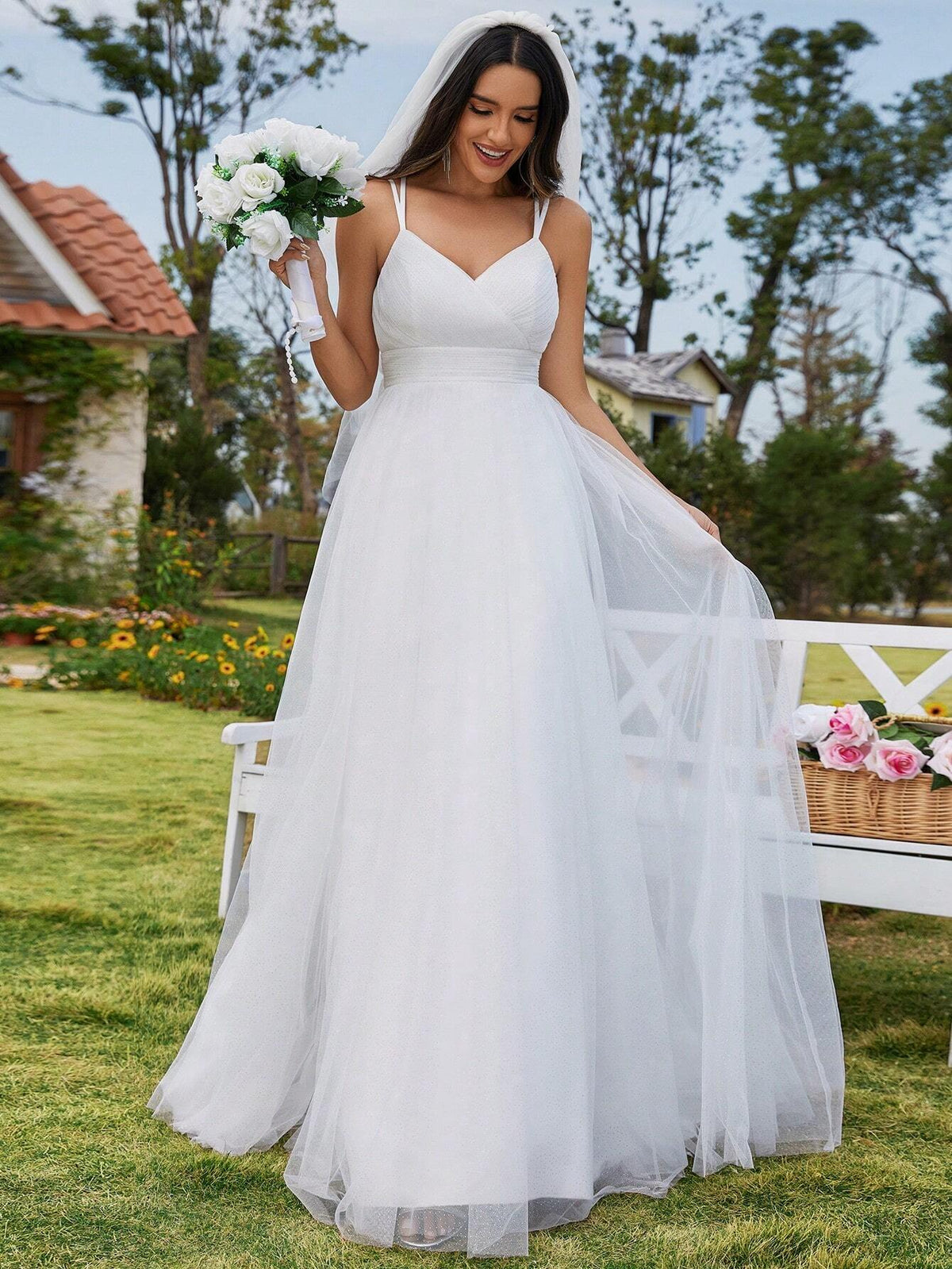EVER-PRETTY Crisscross Backless Bow Backless Lace Mesh Wedding Dress