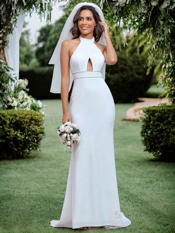 EVER-PRETTY Cut Out Front Backless Halter Neck Mermaid Hem Wedding Dress