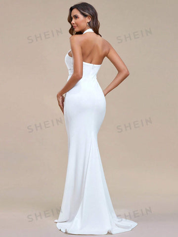 EVER-PRETTY Cut Out Front Backless Halter Neck Mermaid Hem Wedding Dress
