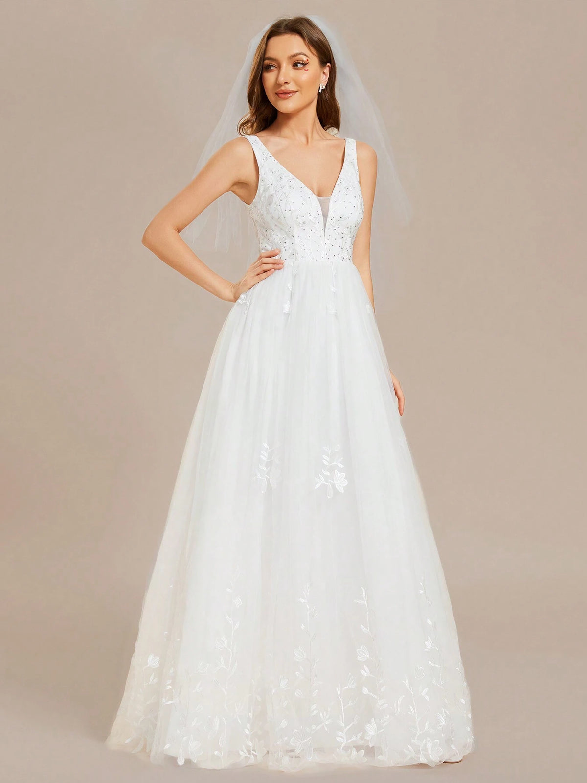 EVER-PRETTY Deep V Neck Sexy Mesh Pearl Beaded Embroidered Wedding Dress