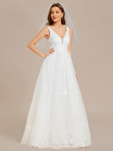 EVER-PRETTY Deep V Neck Sexy Mesh Pearl Beaded Embroidered Wedding Dress