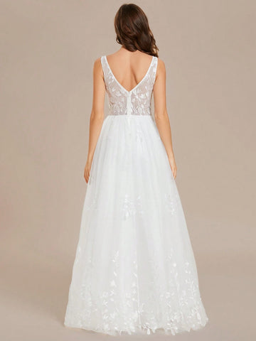 EVER-PRETTY Deep V Neck Sexy Mesh Pearl Beaded Embroidered Wedding Dress