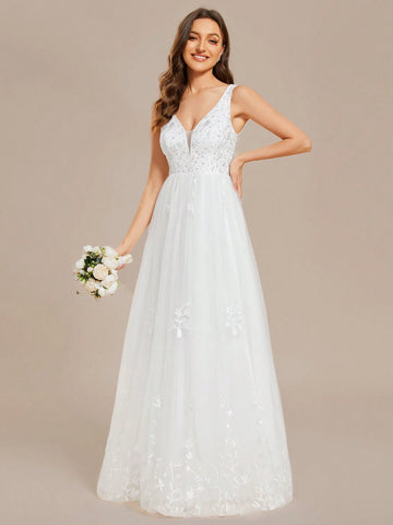 EVER-PRETTY Deep V Neck Sexy Mesh Pearl Beaded Embroidered Wedding Dress