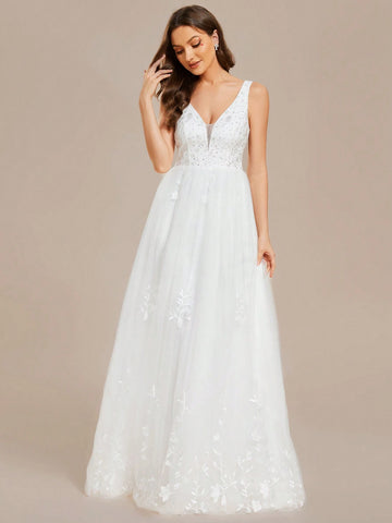 EVER-PRETTY Deep V Neck Sexy Mesh Pearl Beaded Embroidered Wedding Dress