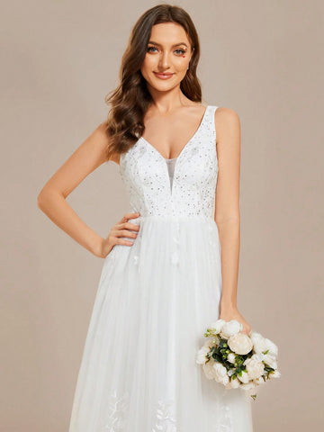 EVER-PRETTY Deep V Neck Sexy Mesh Pearl Beaded Embroidered Wedding Dress