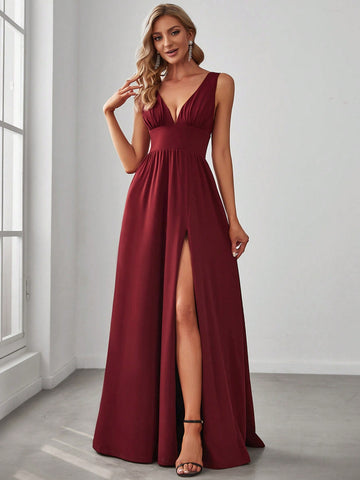 EVER-PRETTY Double V Neck High Waist Split Formal Dress