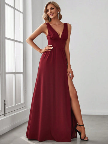 EVER-PRETTY Double V Neck High Waist Split Formal Dress