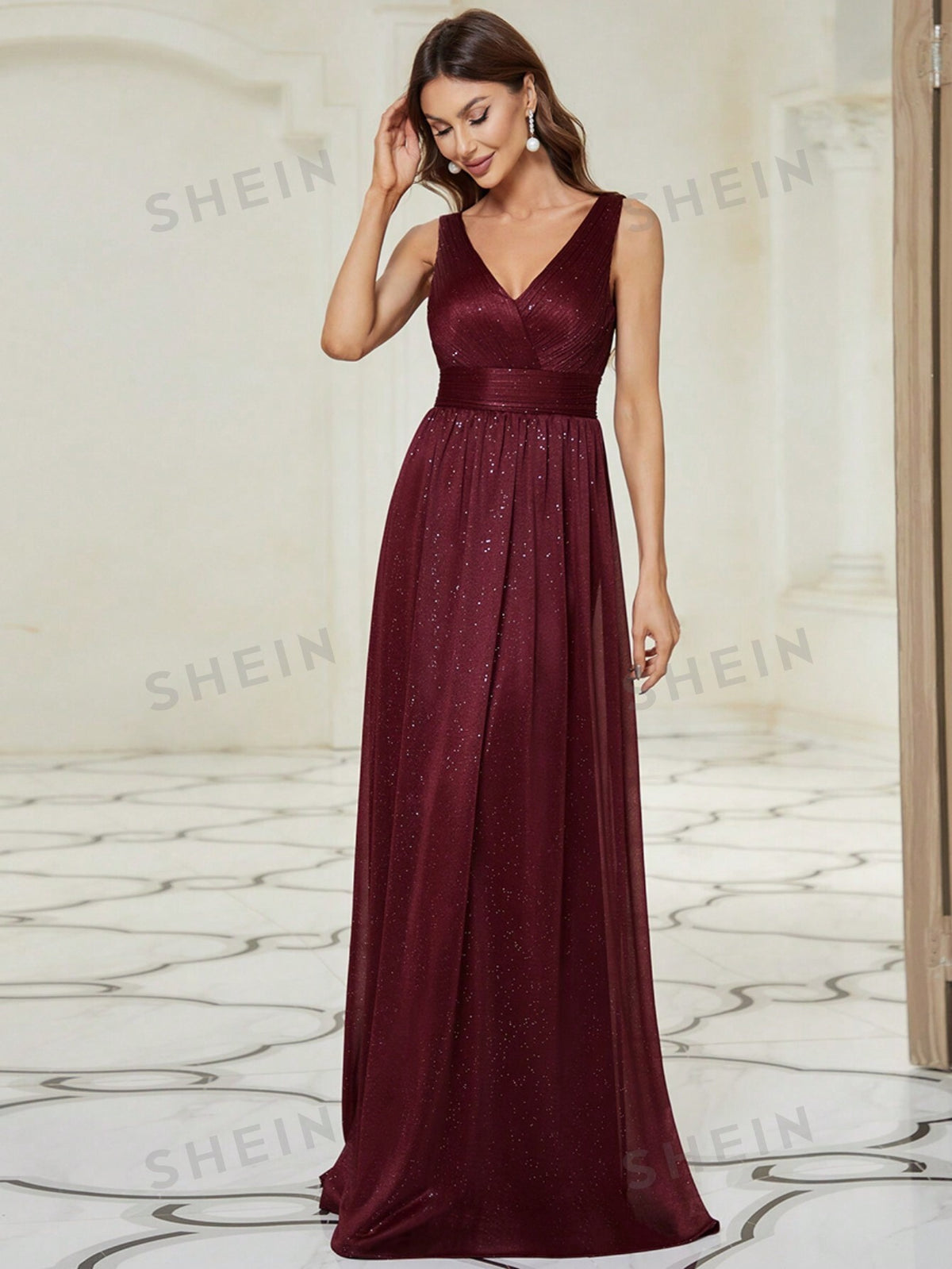 EVER-PRETTY Double V Neck Ruched Bodice Prom Dress