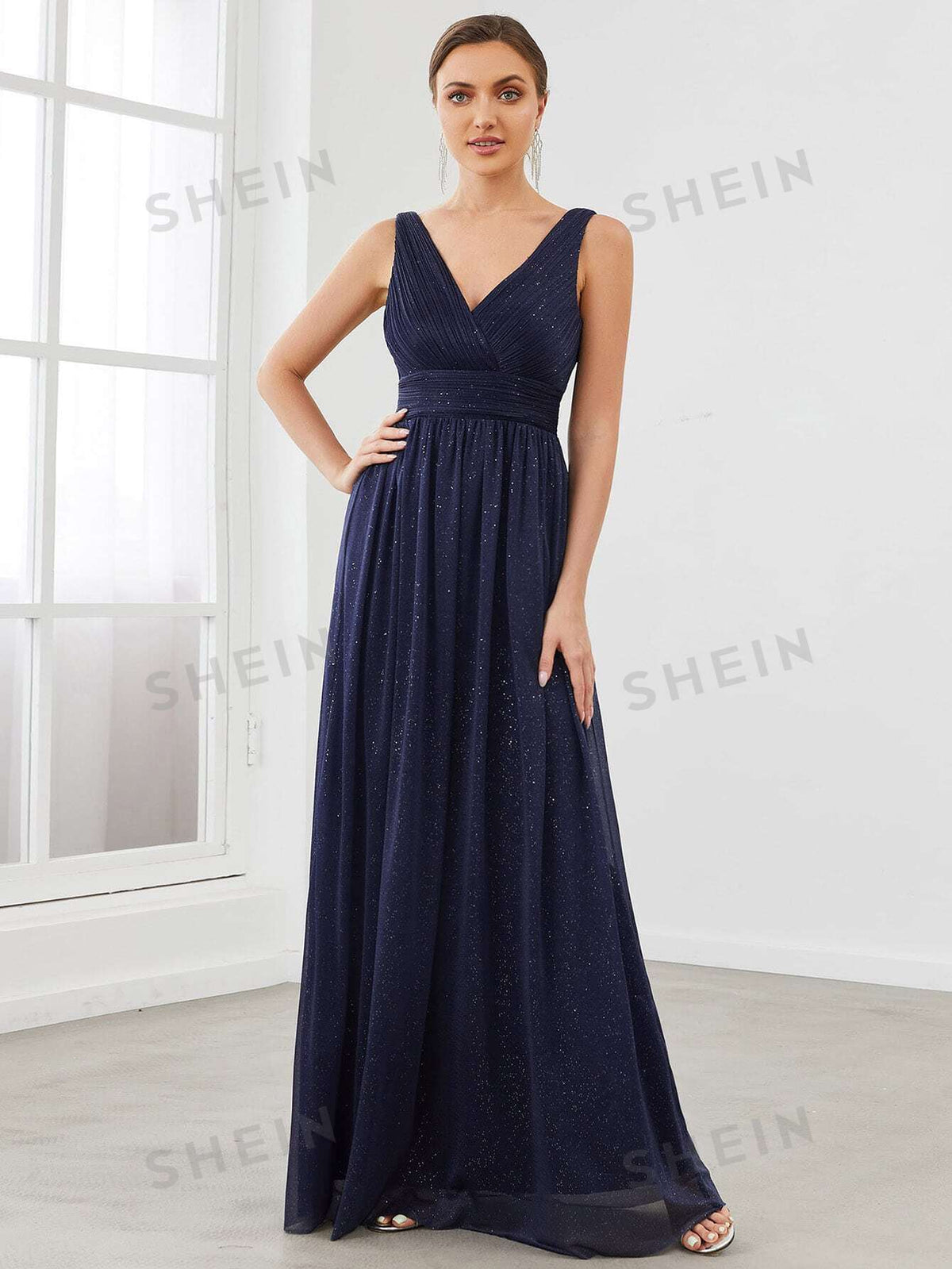 EVER-PRETTY Double V Neck Ruched Bodice Prom Dress