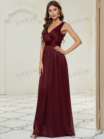 EVER-PRETTY Double V Neck Ruched Bodice Prom Dress