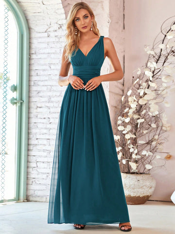EVER-PRETTY Double V Neck Ruched Bust Bridesmaid Dress