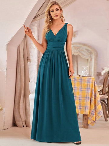 EVER-PRETTY Double V Neck Ruched Bust Bridesmaid Dress