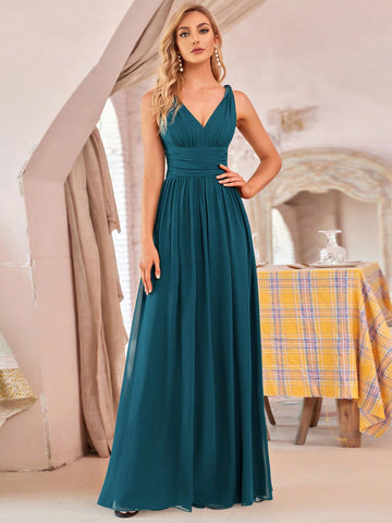 EVER-PRETTY Double V Neck Ruched Bust Bridesmaid Dress
